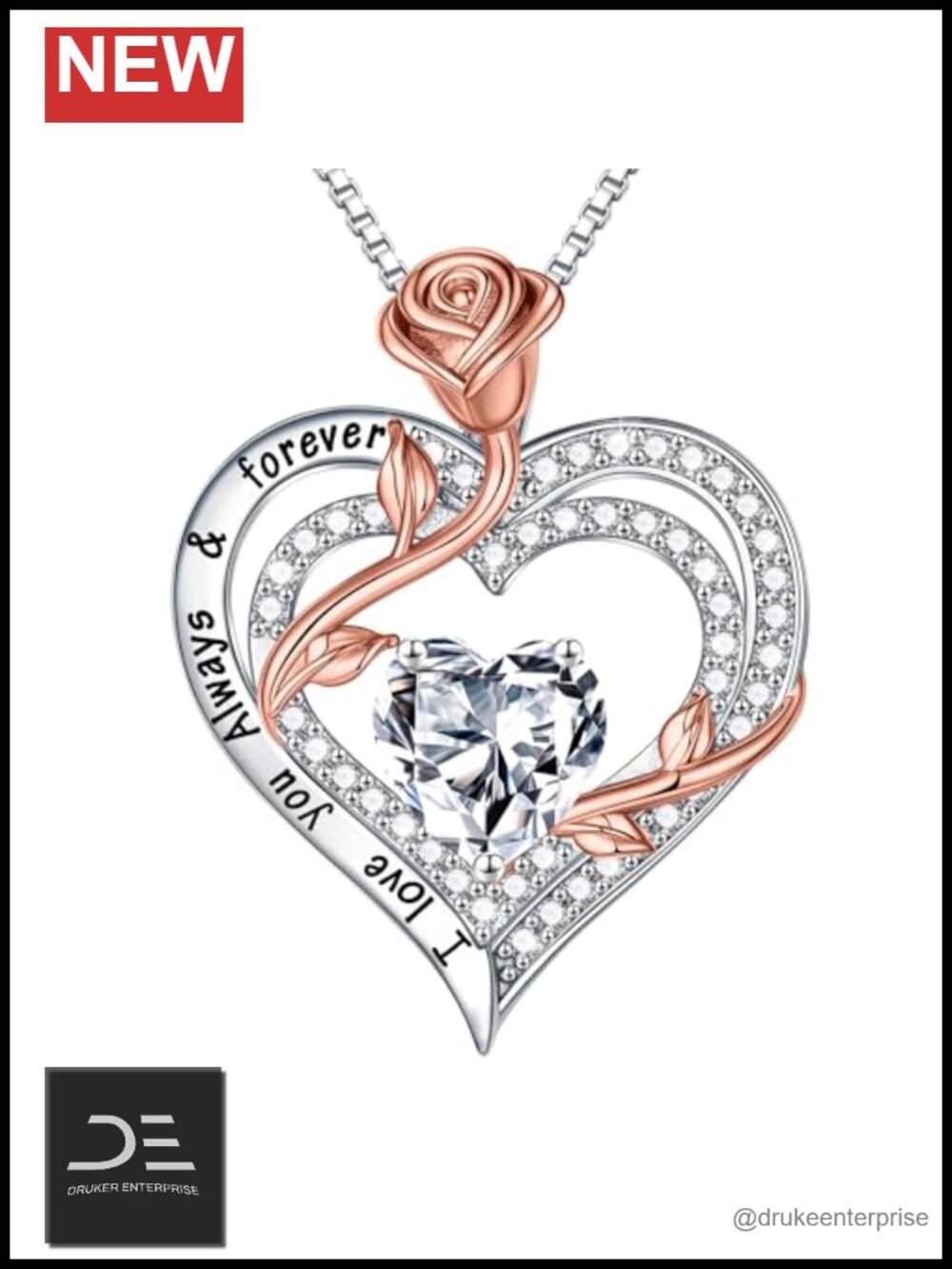 1-3 ct Moissanite Necklace, 925 Sterling Silver Rose Heart Pendant